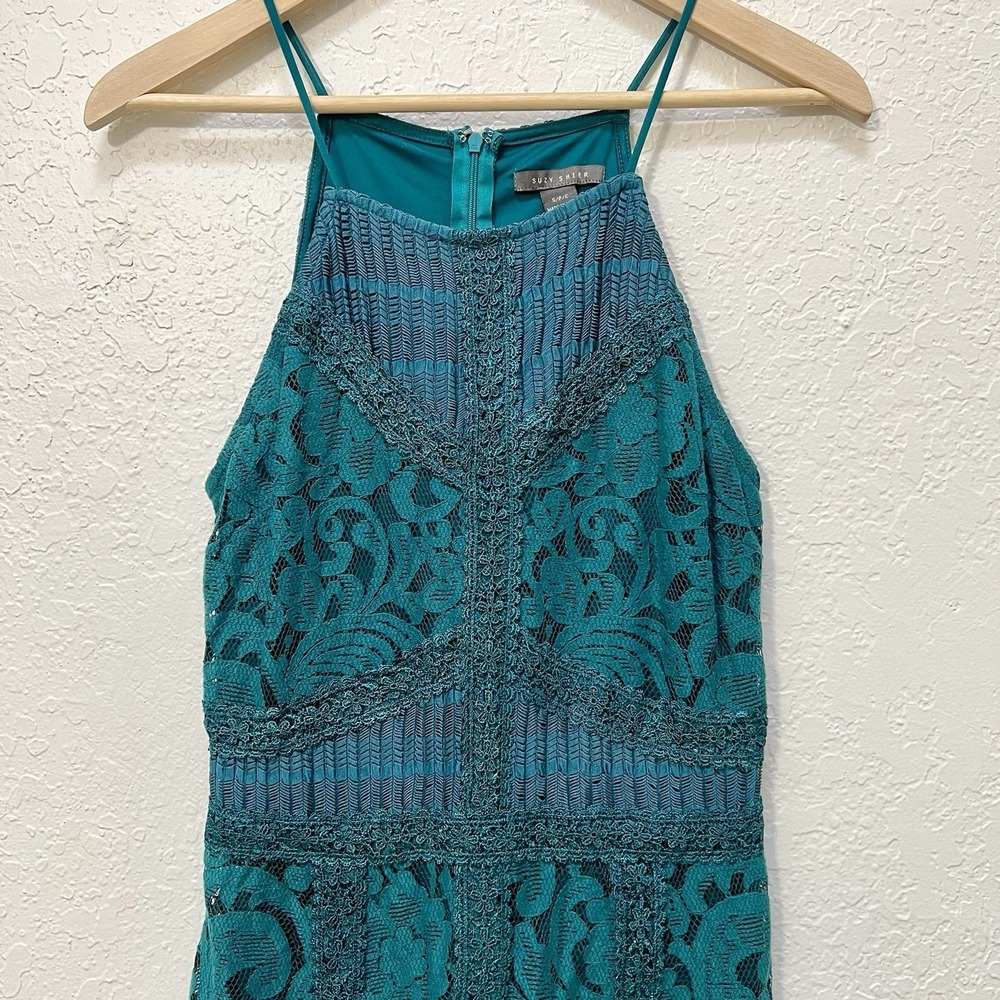 SUZY SHIER Teal Lace Halter Neck Sheath Dress S Mini Party Glam